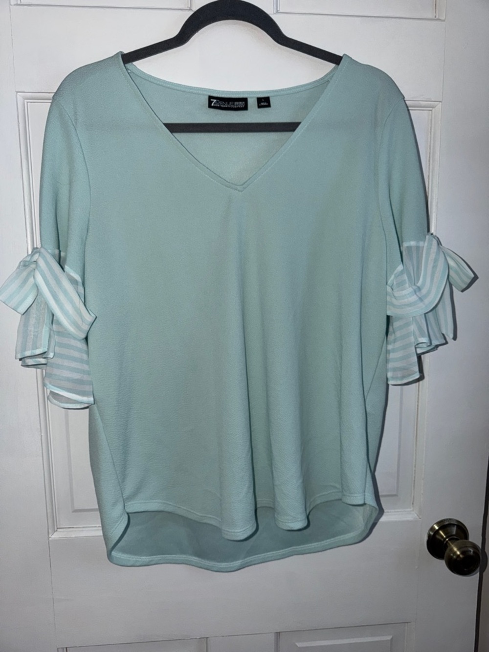 New York & Company Light Mint Green‎ V-Neck Blouse with Striped Sleeve Bows